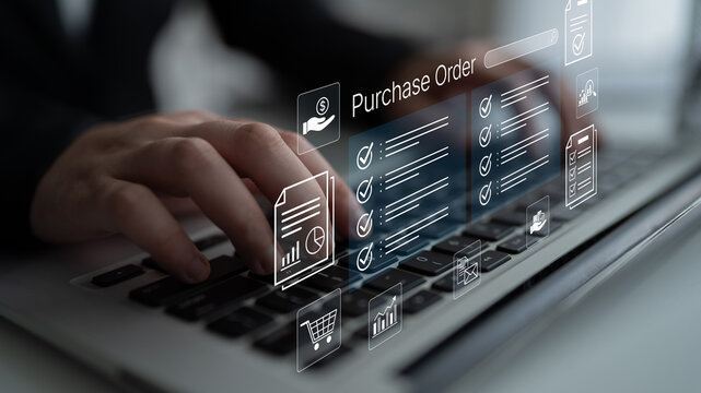 Business Professional Engaging in Digital Purchase Order Management on Laptop with Visual Workflow Indicators and Graphical User Interface Elements. Bitwise.