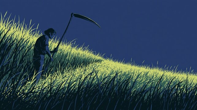 Minimal flat vector illustration of a scythe swung