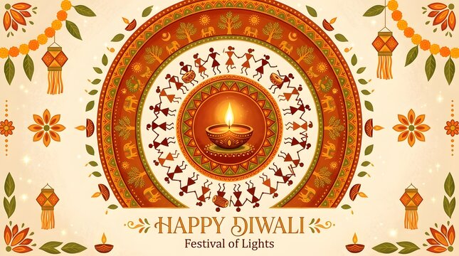 Happy diwali festival of lights greeting background with traditional indian warli art dance, glowing oil lamp diyas, marigold flowers and hanging lanterns
