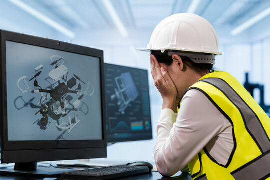 Stressed drone engineer in safety helmet and high visibility vest looks at a damaged quadcopter design on computer screens in a modern workshop.