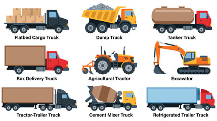 Various types of trucks and construction vehicles for different purposes and industries. © Akter
