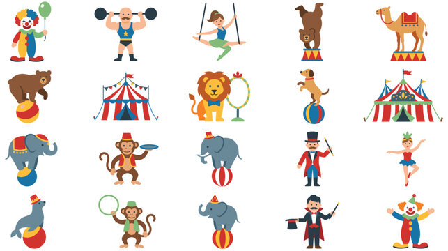Collection of colorful circus characters and animals performing various acts.