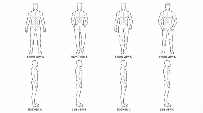 Male body proportions and anatomical poses shown in clean black line art sketches for fashion design reference and character modeling templates against a white background
