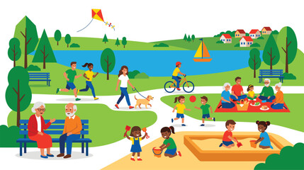 Fototapeta premium Vibrant park scene with diverse people enjoying outdoor recreational activities.