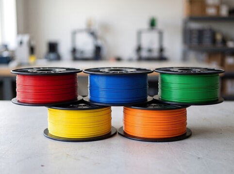 Colorful 3d printer filament spools arranged on a workshop table
