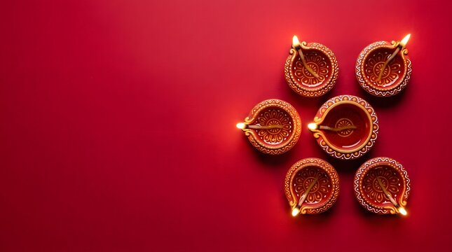 Top view of six decorative lit clay oil lamps or diyas arranged in a circular pattern on a vibrant red background