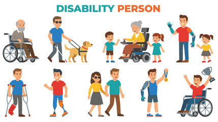 Fototapeta premium Diverse disability people with medical equipment in flat design vector graphic.