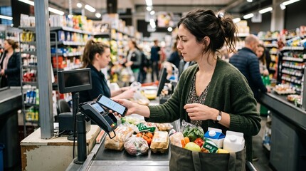 Fototapeta premium Contactless Grocery Purchase: A shopper makes a contactless payment using her smartphone at a supermarket checkout, with a full grocery bag and an array of fresh produce ready for purchase.
