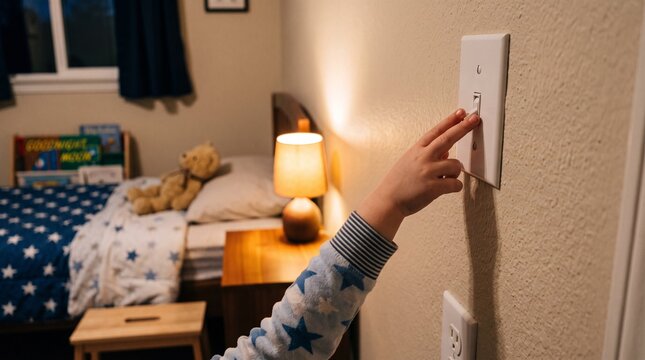 Child Turning Off Light in Bedroom: A child's hand reaches to flip the light switch in a cozy bedroom, ready to turn off the lamp and settle down for the night.