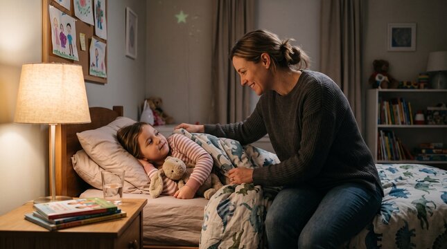 Bedtime Blessing: A mother tucks in her daughter, sharing a tender moment of love and reassurance before sleep, creating a warm and comforting atmosphere in the child's bedroom.