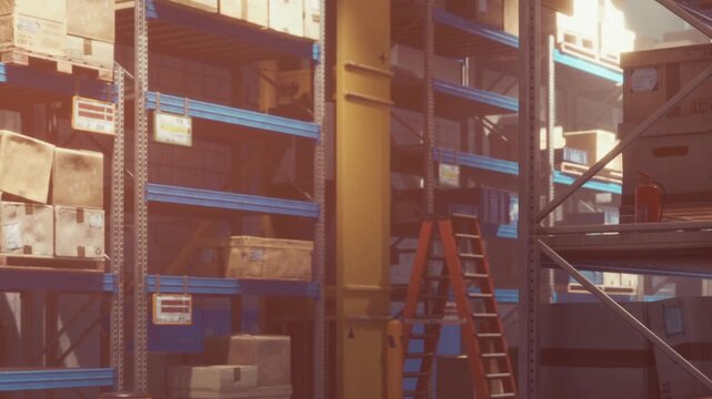Boxes are stacked on blue metal shelves in a storage area. A ladder is placed nearby for access. Soft light shines through the space, highlighting the organized setup.