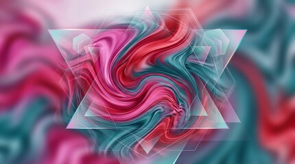 Fototapeta premium Abstract liquid swirl background, pink and teal fluid marble texture, geometric glass triangles with colorful wave patterns isolated PNG with Transparent Background