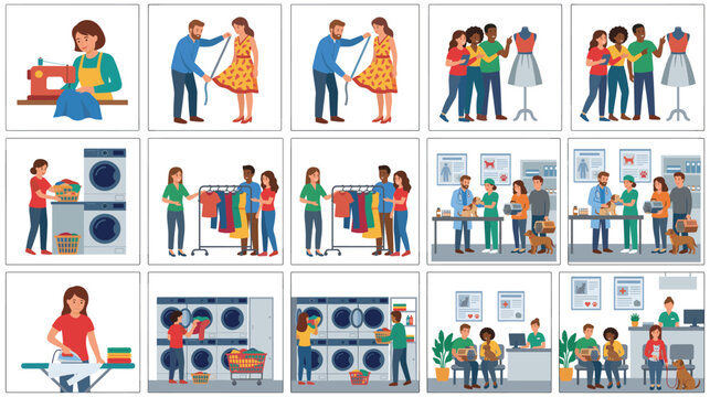 Workplace scenarios featuring tailors laundry services and veterinary clinic care.