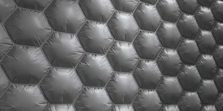 Dark grey honeycomb padded texture background 3d puffy hexagonal pattern synthetic nylon material geometric honeycomb cell structure futuristic tech upholstery surface full frame design