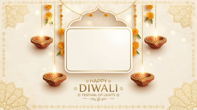 Happy diwali festival of lights greeting card with traditional oil lamps, marigold flowers and empty copy space for text