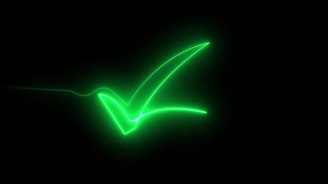 Glowing Neon Check Mark icon animation on black background .Success and Approval Concept