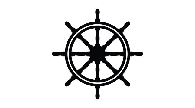 A black ship s wheel is depicted as a striking silhouette against a white background
