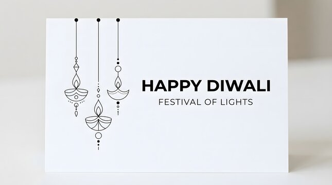 Minimalist happy diwali greeting card design with line art hanging oil lamps, isolated on white background