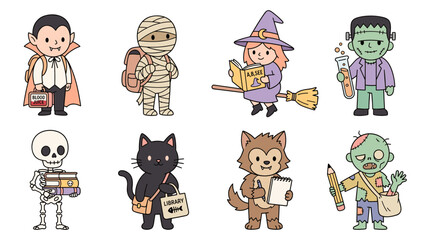 Fototapeta premium Monsters collection featuring cute characters ready for school with books and backpacks.