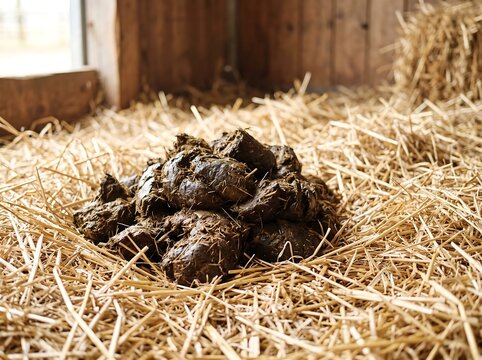 Fresh horse droppings on golden straw in a wooden barn stall