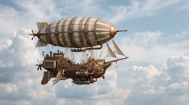 Steampunk airship flying through white clouds in blue sky