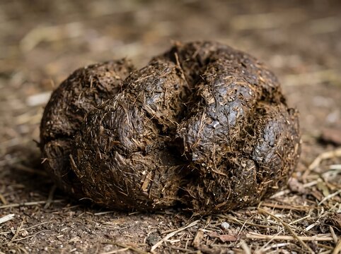 Close up view of fresh organic animal dung on the ground