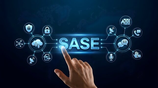 SASE secure access service edge concept with interactive glowing network icons representing cloud security and zero trust