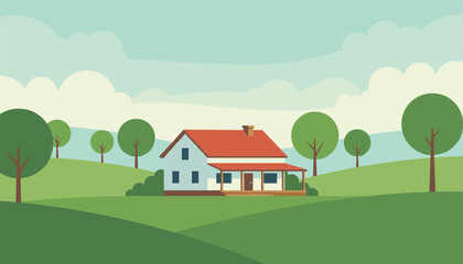 Fototapeta premium Small cozy country house with a red roof standing on green rolling hills under a beautiful cloudy sky in flat vector style.