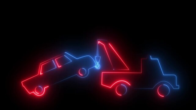 Glowing red and blue Neon Tow Truck Towing a Broken Car animation on Black Background