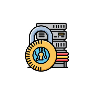 Secure server data protection with digital padlock icon.