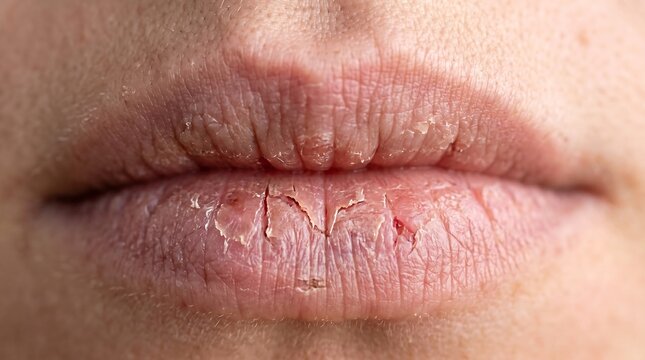 Macro shot of severely dry and chapped lips with cracked skin
