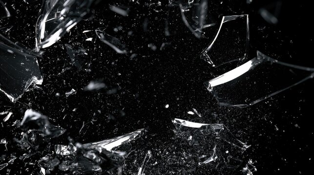 Abstract macro shot of shattered glass shards on black background.