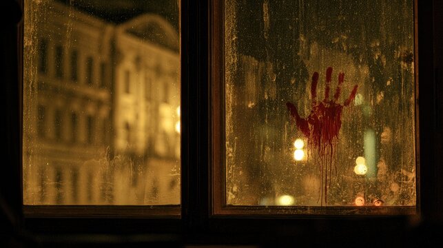 Bloody handprint on a window at night with city lights.