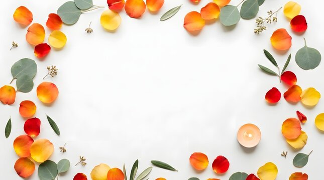 Frame of colorful autumn leaves and petals with a candle isolated on white background