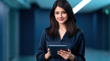 Obraz premium Smiling young woman standing indoors holding tablet in modern office hallway