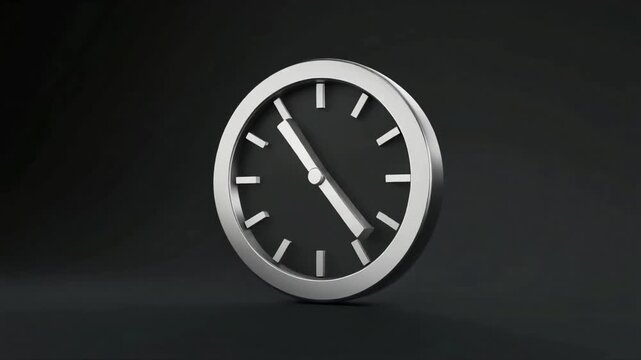 Metallic clock face with silver hands on dark background