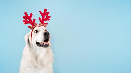 Naklejka premium Playful Happy Golden Retriever Dog Wearing Festive Red Antlers, Sitting With Joyful Expression In Studio Setting, Perfect For Holiday Celebrations And Pet-themed Concepts.