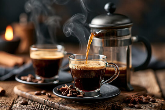 Fresh hot coffee being poured from french press into glass cup on wooden table with coffee pouring
