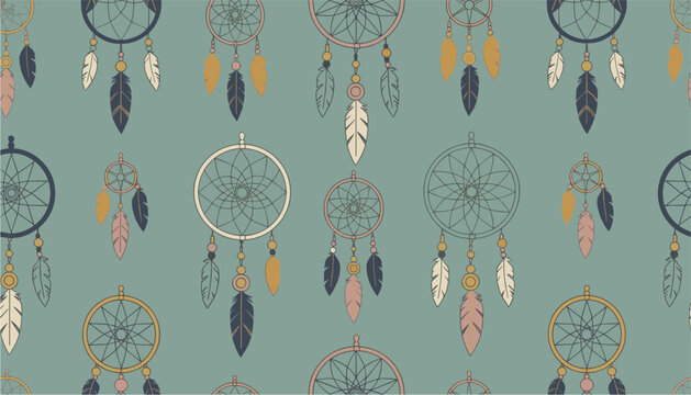 Beautiful native American dreamcatchers with feathers and beads arranged in a seamless repeating pattern on a soft green background.