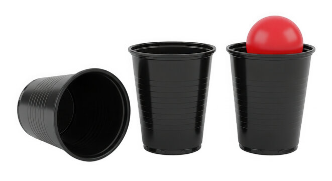 Three black plastic cups and one red ball for shell game isolated on transparent background