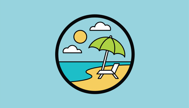 Round circular logo badge depicting a sunny beach scene with a green umbrella, lounge chair, sand, and ocean under a light blue sky.