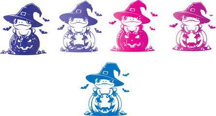 Fototapeta premium Cute Cartoon Frog with Witch Hat on Halloween Pumpkin Jack-O-Lantern
