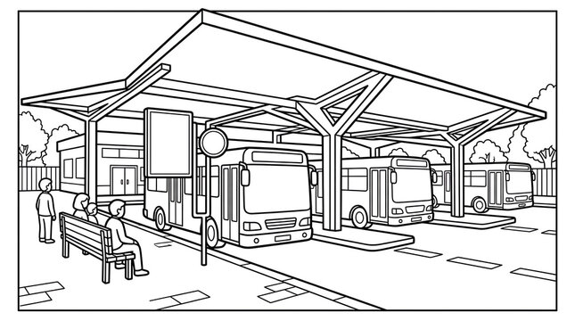 Bus Station Coloring Page with Commuters and Modern Buses
