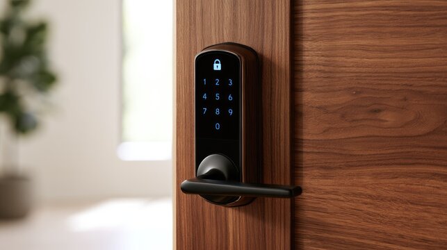 Modern smart electronic door lock with keypad on a wooden door.