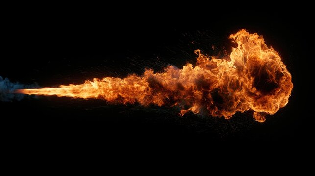 Dynamic fire flame jet isolated on black background.