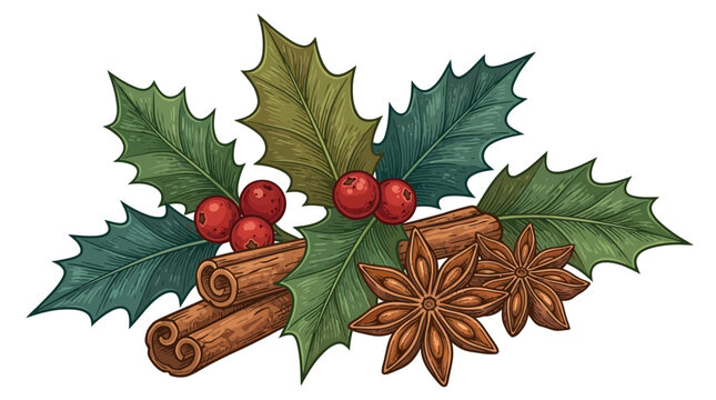 Hand-drawn vintage style vector of green holly leaves, red berries, cinnamon sticks, and star anise spices for Christmas holiday decor and winter cooking themes.