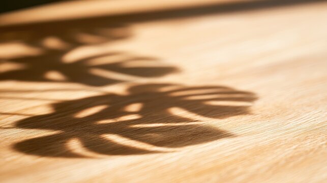 Abstract shadow of monstera leaves on a warm wooden background.