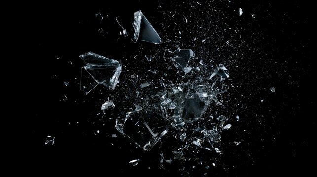 Abstract background of flying glass shards exploding on black.