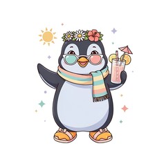 Obraz premium Cute cartoon penguin wearing sunglasses and flower crown holding a tropical cocktail on a summer vacation illustration