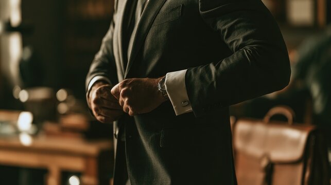 Elegant man in a tailored suit buttoning his jacket in a luxury office setting.